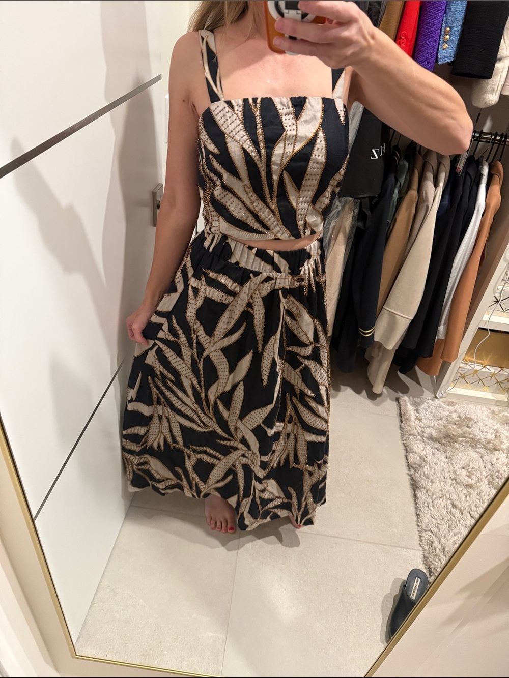 Linen 2 piece tropical print set Black and Beige Midi Skirt gold beads Small